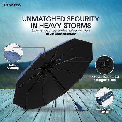 Windproof Umbrella – 10-Rib Waterproof & Compact Umbrella with Automatic Open/Close Function and Ergonomic Handle – Folding Mini Umbrella - Strong Umbrellas for Wind and Rain
