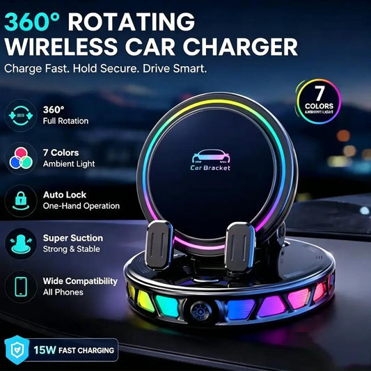 📱 RGB Car Holder with Automatic Clamping & 15W Wireless Charging