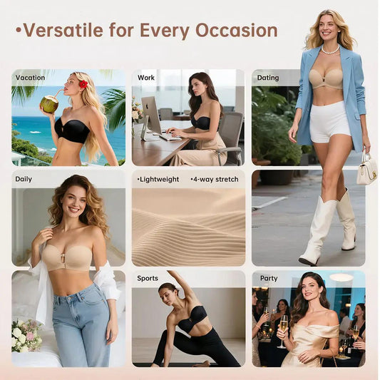 BUBOOP Women’s Strapless Front-Fastening Bra & Pushing-Up Bra 🌸 Padded 🌙 Cup-Enhancing 🎀 Non-slip design & Removable straps 👚 Suitable for all kinds of outfits 🕊️ Wire-free 💧 Seamless