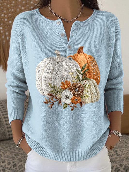Damen-Pullover mit V-Ausschnitt, Kürbis-Blumenmuster und Thanksgiving-Motiv