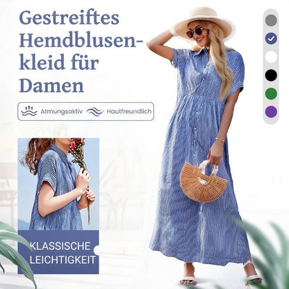 👗 60% RABATT! 💃 Damen V-Ausschnitt Revers Gestreiftes Langes Hemdkleid – Vielseitig, Knopfleiste & Bequemer Schnitt 🌸