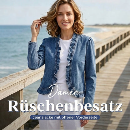 Damen-Jeansjacke mit Rüschenbesatz und offenem Vorderteil – Leicht und feminin – Vielseitig und schick
