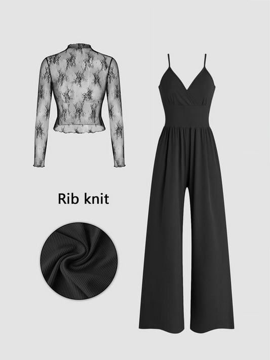 👍 Letzter Tag: 50 % Rabatt 🌸 Zweiteiliges Set für Damen: Spitzen-Top und Jumpsuit mit Taschen