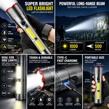 Rechargeable LED Flashlight with 12000mAh Battery, USB-C & Zoom