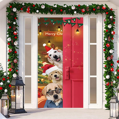 🎄Xmas Sale - 50% OFF❤️Christmas Door Cover - Santa & Reindeer Stretch Fabric Door Banner with 4-Side Elastic Edges, DIY Door Handle Cutout, Slip-On Front Door Holiday Decor