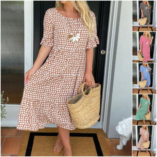 🏖️Summer Hot Sale ￡14.99!!💃Round Neck Polka Dot Print Midi Dress