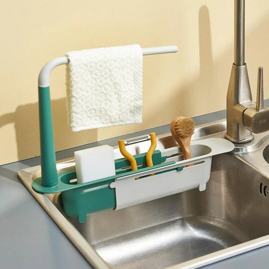 🧽 No-Drill Sink Organiser – Telescopic Stainless Steel Rack with Towel Bar & Drain Holes
