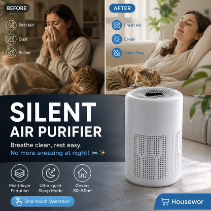 🥳 Silent Air Purifier – Multi‑layer filtration, ultra‑quiet sleep mode. Covers 30‑50m², one‑touch operation. Breathe clean, rest easy. No more sneezing at night! 🛌✨
