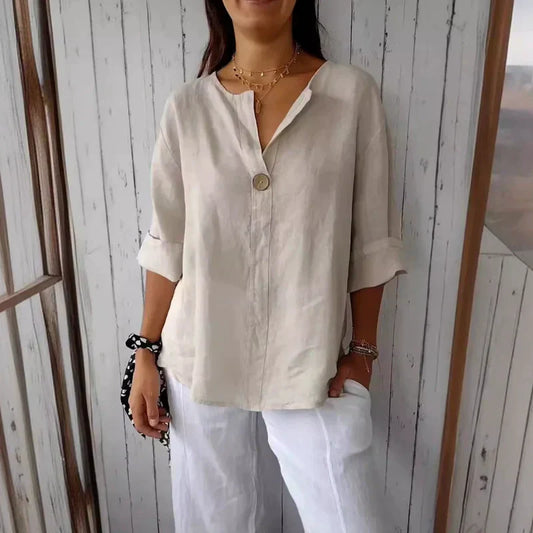 ☀️👗 Lockeres V-Ausschnitt T-Shirt für Damen aus reiner Baumwolle und Leinen 🌿✨ atmungsaktiv & leicht, ideal für warme Tage und entspannte Looks