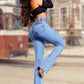 👖💕 Stretch-Schlagjeans mit hohem Bund – Perfekt für den Frühling! ✨ Bequem, schlank, nachhaltig 👖 Ideal für Alltag & Freizeit.