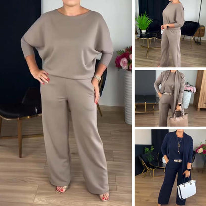 Elegantes 3-teiliges Set: Langer Cardigan, Oberteil und Hose