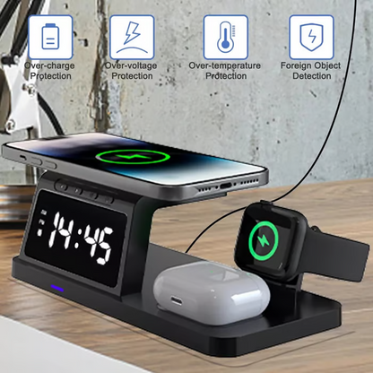 4-in-1-Schnellladestation mit Uhr und kabelloser Ladefunktion