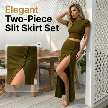 👗 Zweiteiler-Set: Kurzarm-Cropped-Top & Midirock mit Schlitz – Elegant & figurbetont!