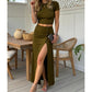 👗 Zweiteiler-Set: Kurzarm-Cropped-Top & Midirock mit Schlitz – Elegant & figurbetont!