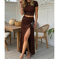 👗 Zweiteiler-Set: Kurzarm-Cropped-Top & Midirock mit Schlitz – Elegant & figurbetont!