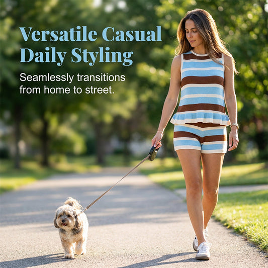 Gestreiftes Strick Zweiteiler Set für Damen – Ärmelloses Peplum Top + passende Shorts für Zuhause & Stadtbummel
