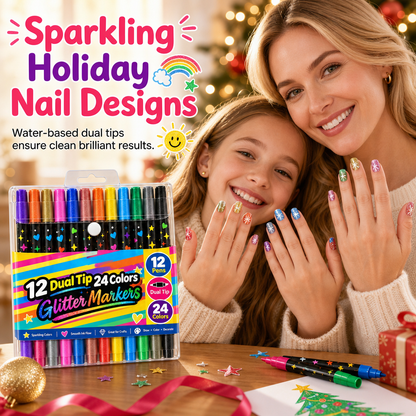 12 Pack Dual Tip Glitter Markers and Highlighters Set 24 Colors Double Ended Soft Brush Tip Pens