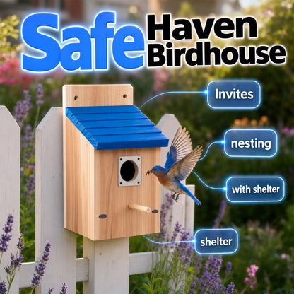 🐦 50% OFF! ✨ Weatherproof Wooden Outdoor Bird House – Solid Thickened Natural Timber with Sky Blue Slanted Roof, Predator-Safe Metal Reinforced Entry Guard & Round Resting Perch🏡
